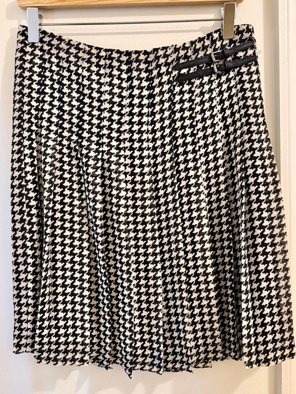 Ralph Lauren Black and White Pleated Chiffon Houndstooth  Skirt